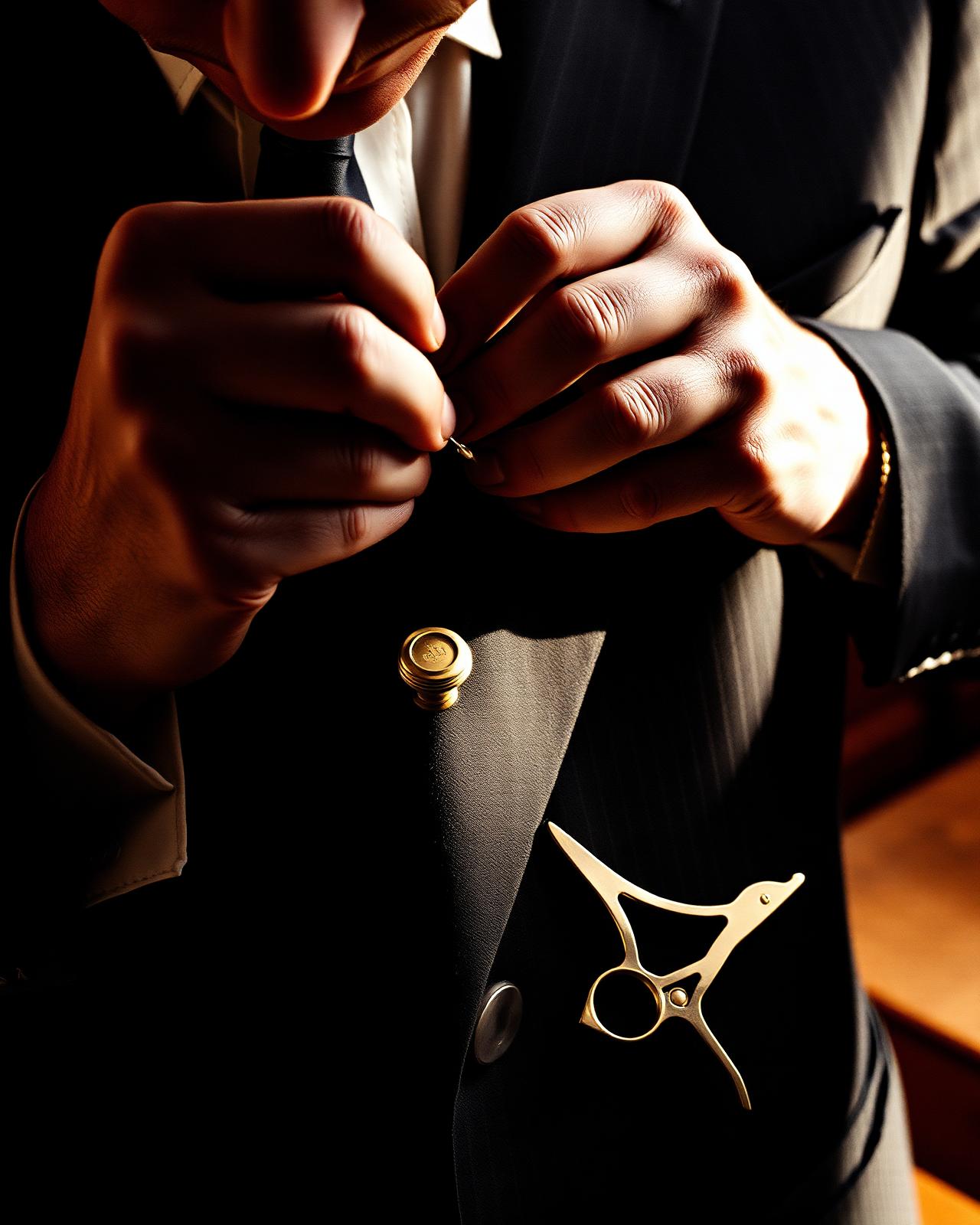 Master tailor hand-finishing a charcoal pinstripe lapel